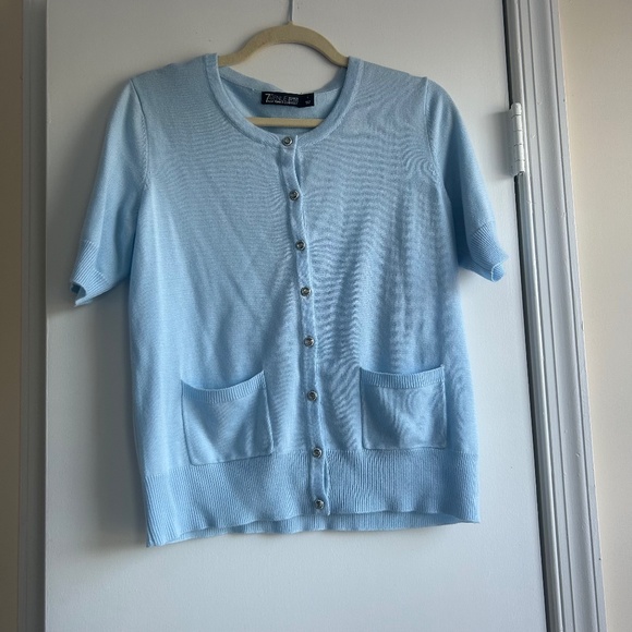 NY&Co Women's Blue Short Sleeve Sweater Button Up Sparkle Sz L Preppy Old Money - Picture 1 of 6